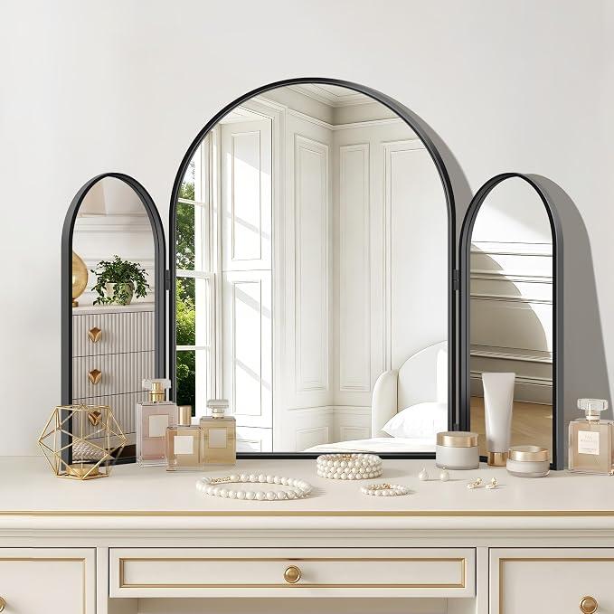 Trifold Vanity Mirror, 36x24Inch 3 Way Mirror Metal Frame for Bathroom, Black Tri Fold Arched Mirror Wall Mounted for Make up, Bedroom, Livingroom, Dressing Table and Braiding Hair
