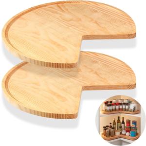 Leinuosen 2 Pcs 24in/28in/32in Banded Pine Wood Full Kidney Shaped Lazy Susan for Corner Base Cabinets with Iron Swivel Bearing for Kitchen Turntables, Not Include Metal Rod(28 Inch,Wood Color)