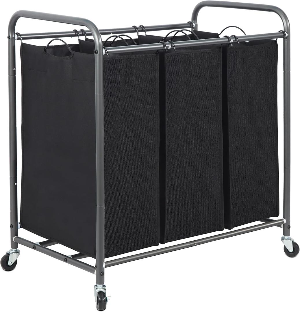 STORAGE MANIAC 3 Section Laundry Sorter, 35.9 Gal (136 L) Laundry Hamper Cart with Heavy Duty Rolling Lockable Wheels and Removable Bags, Clothes Organizer Basket Clothes Separator Hamper, Black
