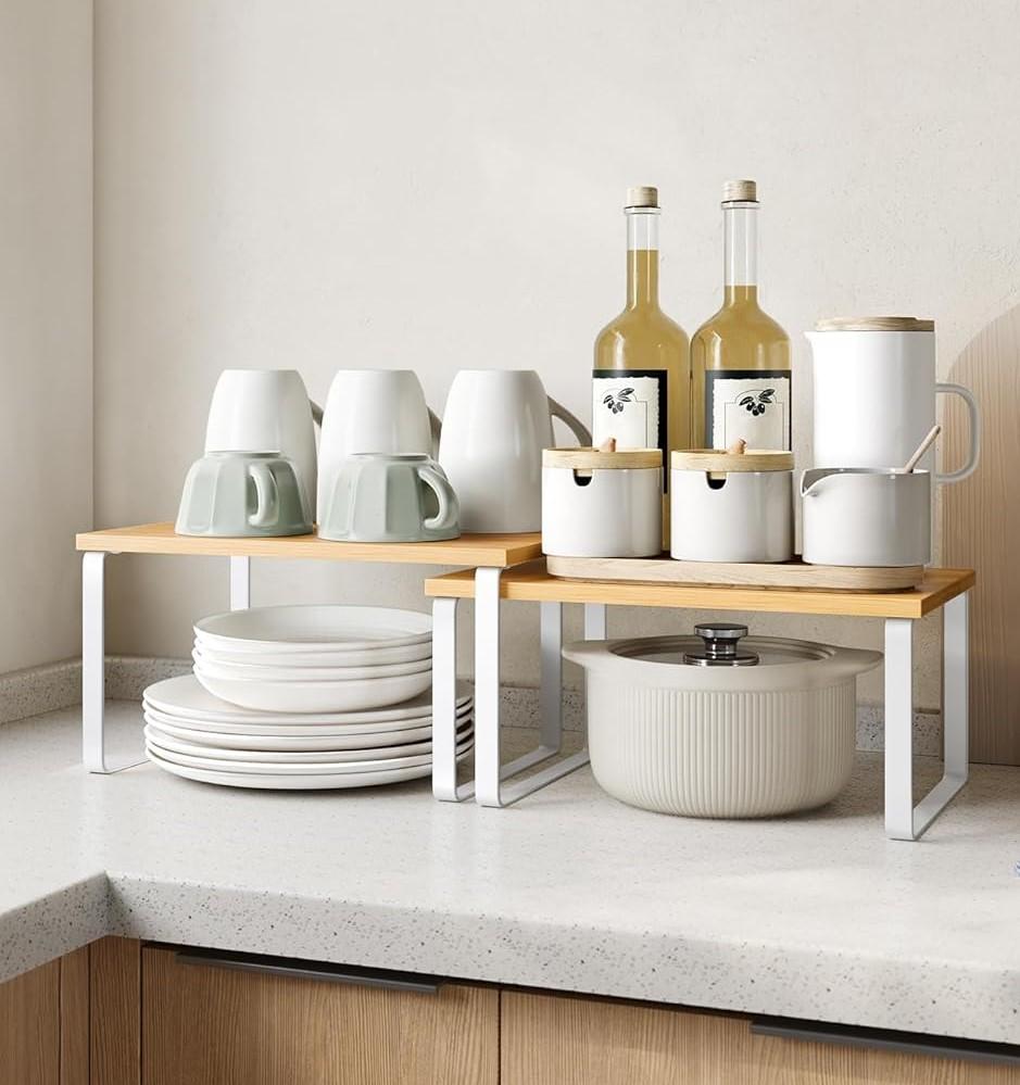 SONGMICS Cabinet Organizer Shelf, Set of 1 Kitchen Counter Shelves, Kitchen Storage, Spice Rack, Stackable, Expandable, Metal and Engineered Wood, Cloud White and Natural Beige