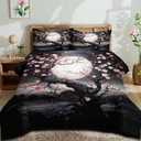 CCoutueChen Japanese Style Cherry Blossom Comforter Set King Pink Cherry Blossoms Bedding Black Floral Bedding Set 3Pcs Oriental Comforter Asian Art Decorative Bedding Comforter Set for All Season