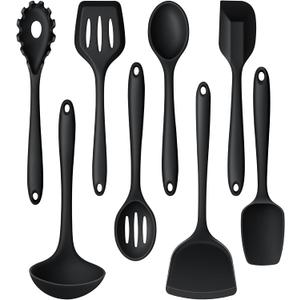 LIANYU 8Pcs Cooking Utensils Set, Heat Resistant Kitchen Utensils, Silicone Utensils Spatula Set for Nonstick Cookware with Spatula, Ladle, Turner, Spoon, Dishwasher Safe, Black