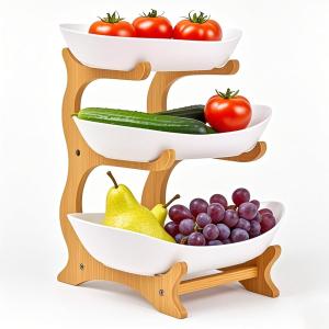 Fruit Bowl With Bamboo Wood Stand, Fruit&Vegetable Candy Dish Decor Basket for Kitchen CounterLarge Capacity Vegetable Storage Stand Snacks Rack Tray Plate Rack