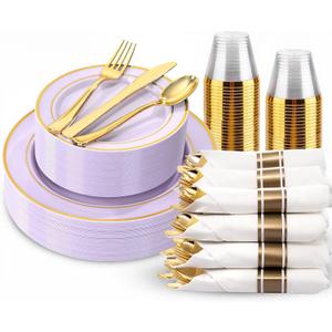 WDF Partyware 175PCS Purple Plates Disposable - Lavender Plastic Plates 25Guests Plastic Dinnerware with Rolled Napkins for Birthday/Spring/Baby Shower/Birthday