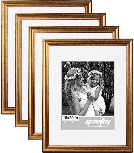 Yaetm 16x20 Gold Picture Frame Matted to 11x14 Set of 4, 1.4" Wide Molding & Rustic Golden 16x20 Frame for Wall Gallery, Home and Office, Wall Mount, 4 Pack