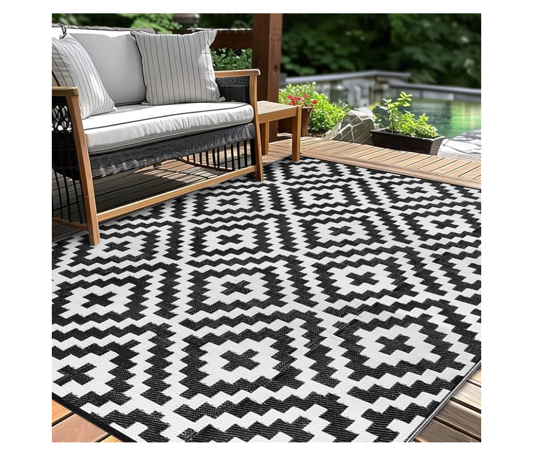 Outdoor Patio Plastic Straw Rug - 9x18 ft Outdoor Camping Rug Waterproof Reversible, Area Carpet Patios Clearance RV, Outside Porch Balcony Deck for Camper, Black & White