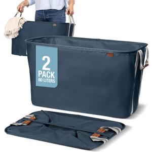 CleverMade Collapsible Laundry Basket LUXE 2 Pack 60 L (16 Gal) Foldable Cotton Blend Clothes Hamper with Vegan Leather Accents, Reinforced Handles, Space Saving Laundry Bin Holds 55 lbs - Navy