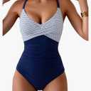 B2prity Women's One Piece Swimsuits Tummy Control Front Cross Bathing Suits Tie Back Slimming V Neck Swimwear, M