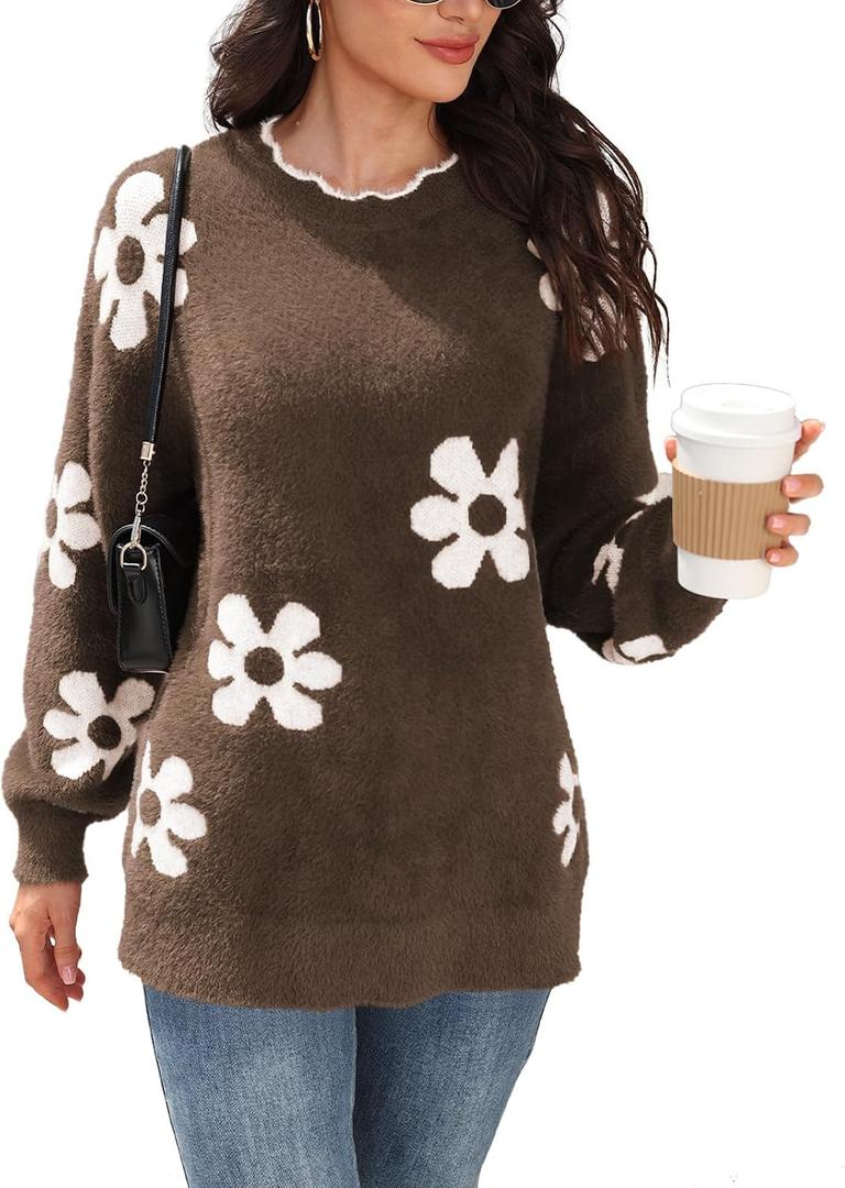 Women's Oversized Fuzzy Sweaters Long Sleeve Crew Neck Knit Soft Pullover Chunky Casual Fall Loose Jumper Top (Brown, S)