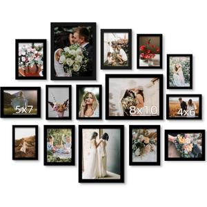 BESCRCL 15 Pack Real Glass Picture Frames Collage Wall Decor, Including 3pcs 8x10, 6pcs 5x7, 6pcs 4x6 Photo Frames for Gallery Wall or Tabletop Display, Black