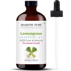 Majestic Pure Essential Oil with Glass Dropper - 100% Pure and Natural - Essential Oils for Diffuser, Aromatherapy, Soap and Candle Making, Lemongrass Essential Oil, Lemongrass Oil, 4 Fl Oz