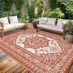 Outdoor Rug Waterproof 9'x18' Reversible Mat Palm Retro Camping Rugs Indoor Outdoor Rugs Carpet Large Area Rug Plastic Straw Rug for Patio Deck Balcony Pool RV Camping, Brick Red & White
