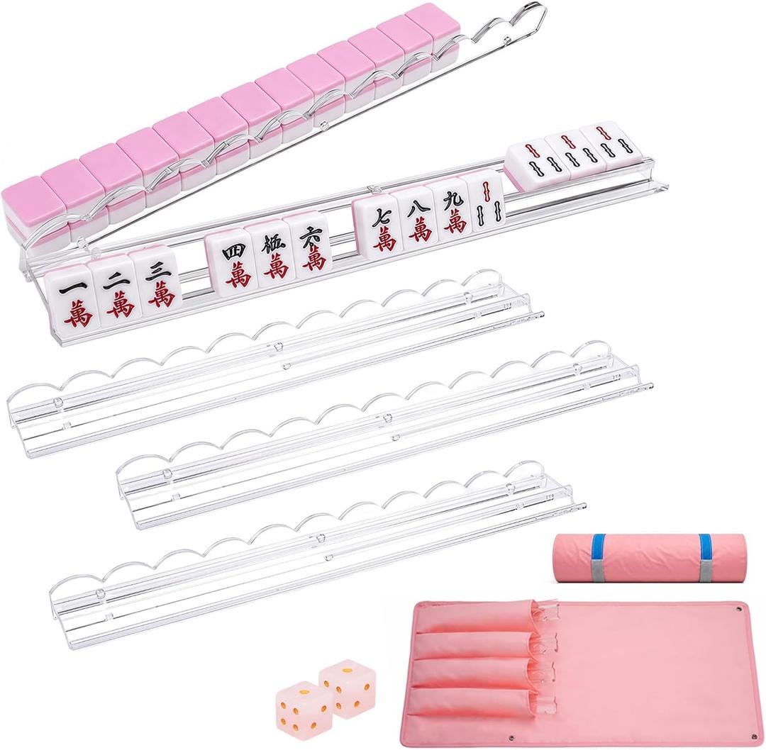 RUKANG 4PCS 17.5 inch Mahjong Racks with Magnetic Pushers with Crystal Dice
Clear Scalloped Mahjong Tile Racks with 2PCS Crystal Dice & Storage Bag for American Mahjong,
