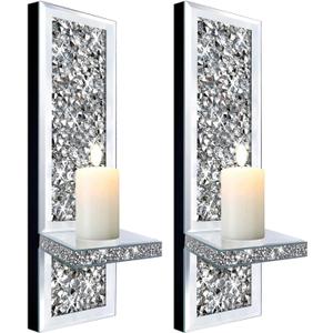 Set of 2 Crystal Crush Diamond Candle Sconces, Gorgeous Silver Mirrored Wall Sconce, Candle Holder Glass Wall Decorations for Home Dcor, Living Room, Dining Room