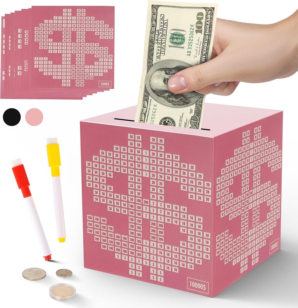 Primo Lines Pink Piggy Bank for Girl,10000 Savings Challenge Box, Money Saving Box 10,000 with Counter for Savings Goal $3000 $5000, Metal Cash Box with Money Target, Kakeibo Money Box 4.72in (4.72inch, Pink)