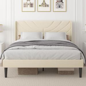 VECELO Upholstered Platform Full Bed Frame with Fabric Headboard,Wooden Slats Support/No Box Spring Needed/Mattress Foundation,Beige