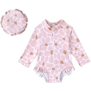 Goodplayer Baby Girl Swimsuit One-Piece Long Sleeve Rash Guard with Hat Set Zipper Bathing Suit, Size 12-18M