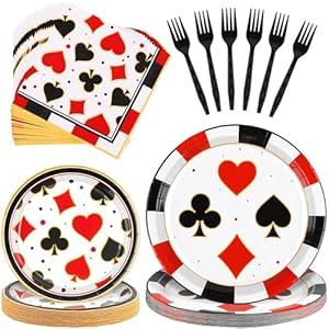 Durony 96 Pieces Casino Theme Party Supplies Casino Paper Plates and Napkins Disposable Casino Party Plates Forks Poker Club Las Vegas Birthday Party Decorations, Serve 24 Guests