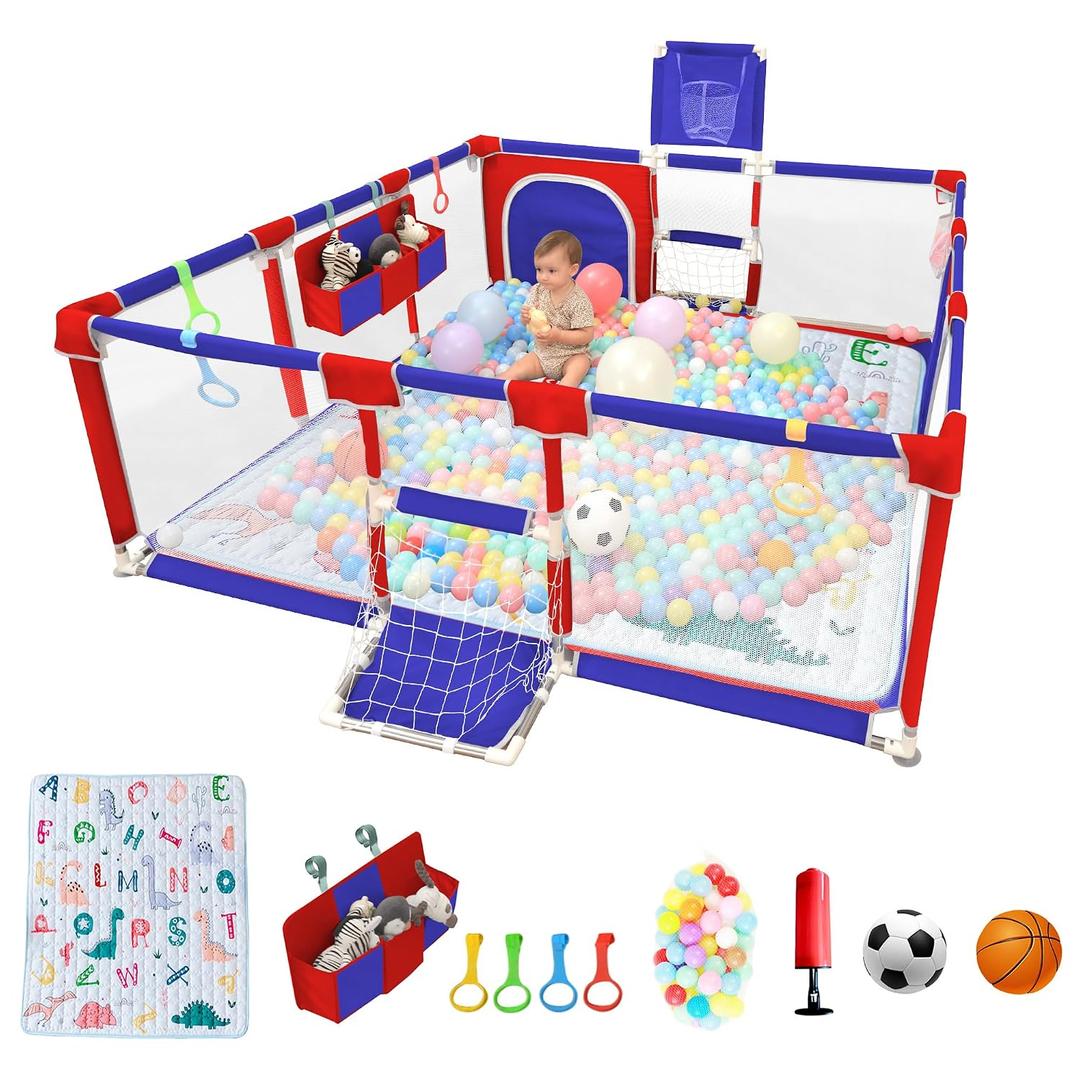 Playpen for Babies and Toddlers,73"x71"Baby Playpen with Mat IndoorOutdoor with Breathable Play Pen with Ocean Balls Hanging Pocket Basketball Hoop and Football Goal (Blue+Red with Mat, 73"x71")