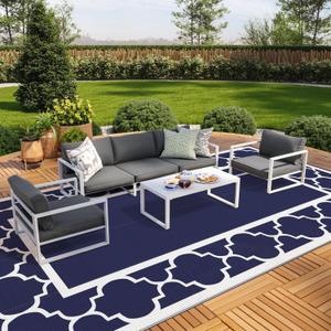 GENIMO 10 ' x 20 ' Outdoor Rug Waterproof for Patio Decor, Foldable Reversible Plastic Straw Area Rugs Mat for Camper, Outside Carpet for Rv, Deck, Porch, Picnic, Beach, Balcony, Blue & White