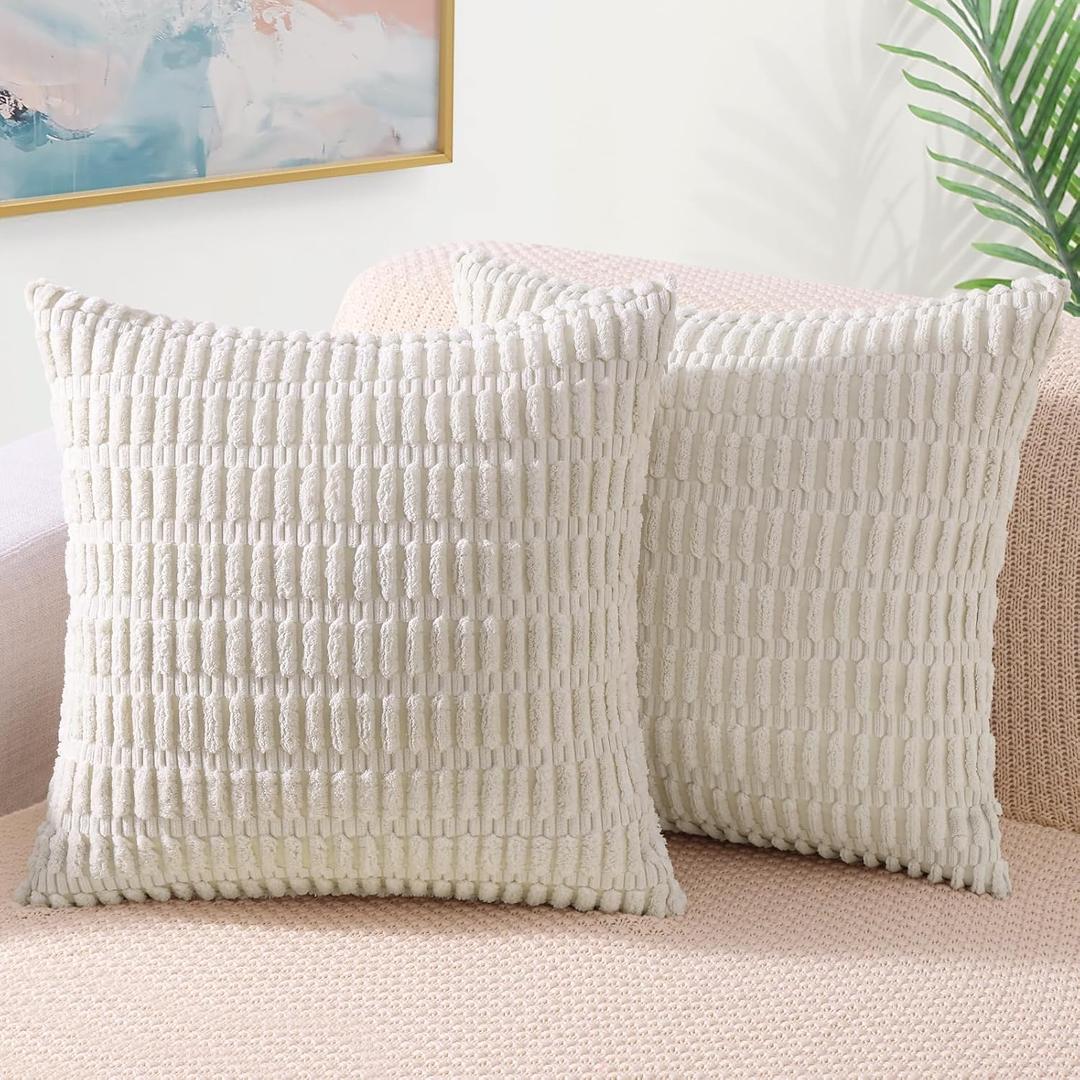 decorUhome Cream White Neutral Decorative Throw Pillow Covers 18x18 Inch Set of 2, Boho Soft Corduroy Striped Square Pillow Covers Modern Twill Pillow Covers for Couch Bed Sofa Living Room