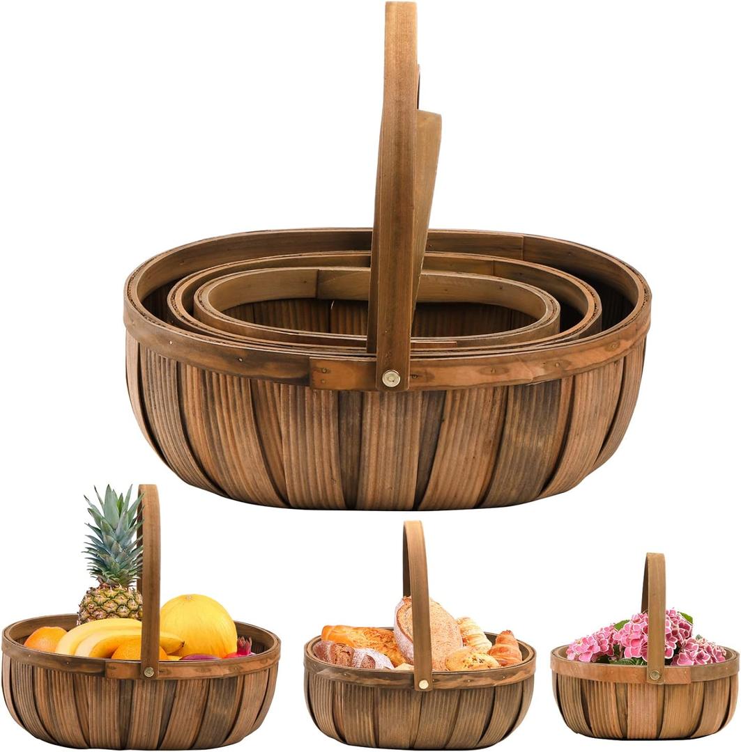Lawei 3 Pack Wooden Bread Baskets, Wood Chip Picnic Basket with Handles, Handmade Woven Fruits Vegetable Storage Serving Basket Holder, Gift Packing Woven Basket, Flower Girl Baskets for Wedding