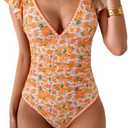 Aidonger Women's One Piece Ruffle Swimsuit Tummy Control Bathing Suit V Neck Shell Stitched Swim Suit Slimming Swimwear, XXL