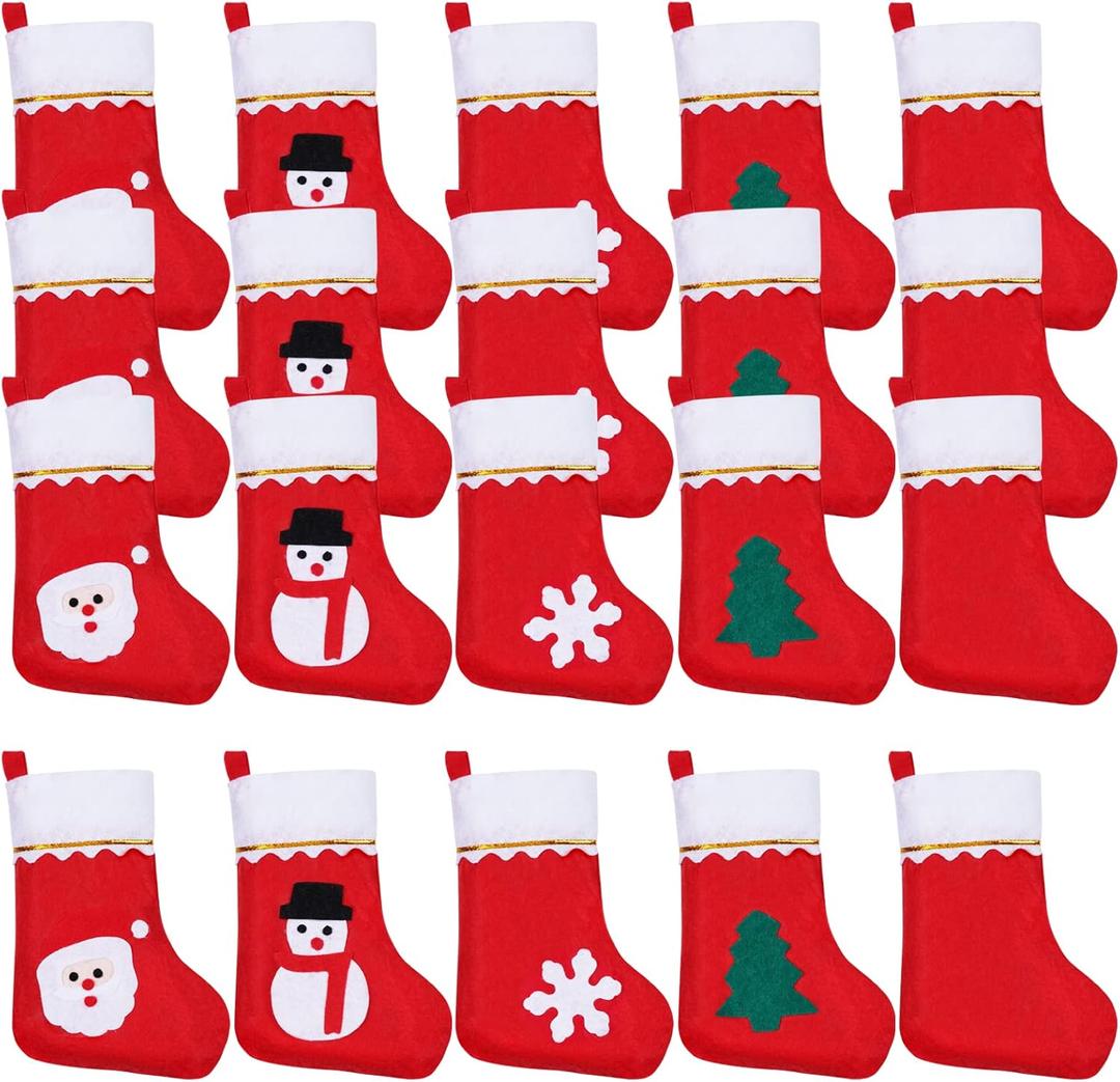 20 Pack Christmas Mini Stockings Sock Decoration Snowflake Snowman Xmas Tree Tableware Holders, Red Felt Knife Spoon Fork Bag Candy Pouch Bag Plush Cuff Socking for Thanksgiving New Year Party