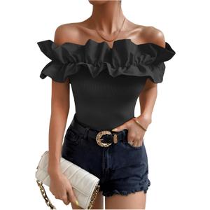 OYOANGLE Women's Ruffle Trim Off Shoulder Short Sleeve Blouse Party Tops Shirt (Medium)