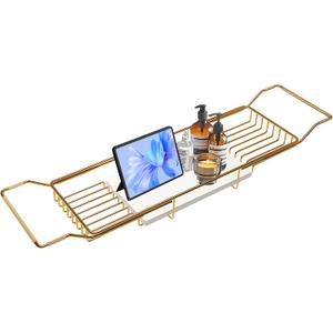 Bathtub Tray Stainless Steel with Marble Base Gold Bathtub Tray with White Marble Base Adjustable & Rustproof Bath Caddy for Spa, Relaxation, Bath Bombs