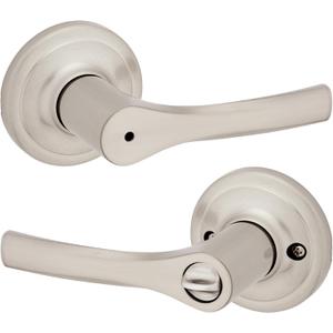 Kwikset Henley Interior Privacy Door Handle with Lock, Door Lever For Bathroom and Bedroom, Satin Nickel Reversible Keyless Push Button Lock Door Lever, with Microban Protection