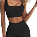 QINSEN Ribbed Workout Outfits for Women 2 Piece Seamless Sport Bra High Waist Yoga Leggings Sets (Medium, Black)