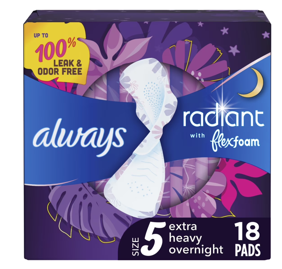 Always Radiant Feminine Pads for Women, Flexfoam Pads with Wings, Size 5, Extra Heavy Overnight Absorbency, Lightly Scented, 36 Count (2 Packs)