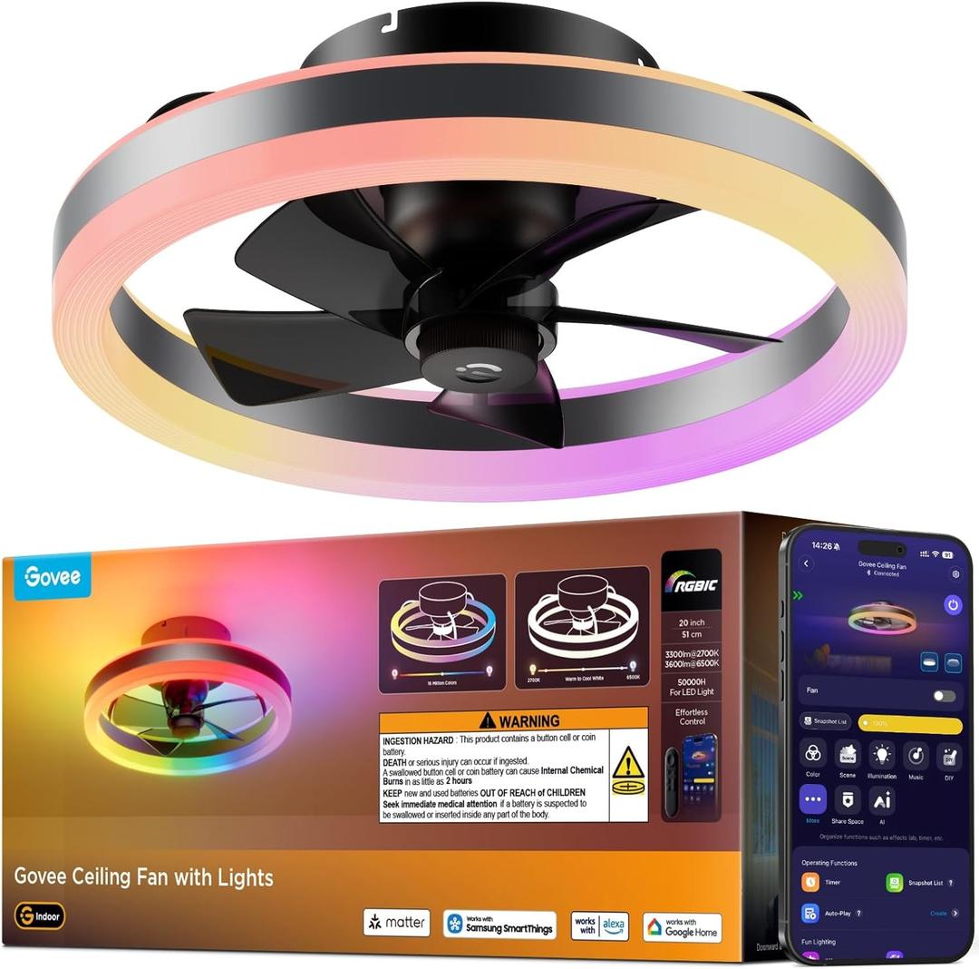Govee Ceiling Fan with Lights, 20'' RGBIC Fandelier Ceiling Fan with Light