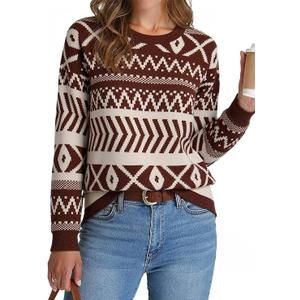 Dokotoo Brown Sweaters for Women Casual Striped Long Sleeve Pullover Jumpers Cute Crew Neck Color Block Sweater Top Lightweight Sweaters for Women Christmas Sweaters for Women Large