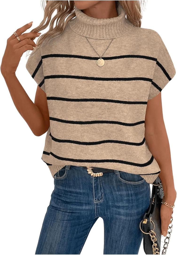 WDIRARA Women's Striped Turtleneck Sweater Vest Cap Sleeve Pullovers Loose Oversized Knit Top (Medium, Khaki)