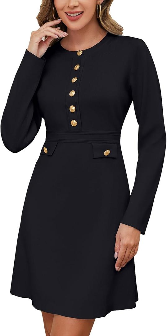 Women's Long Sleeve Sweater Dress Crewneck Button Elegant Bodycon Formal Party Mini Dress (Black, Small)