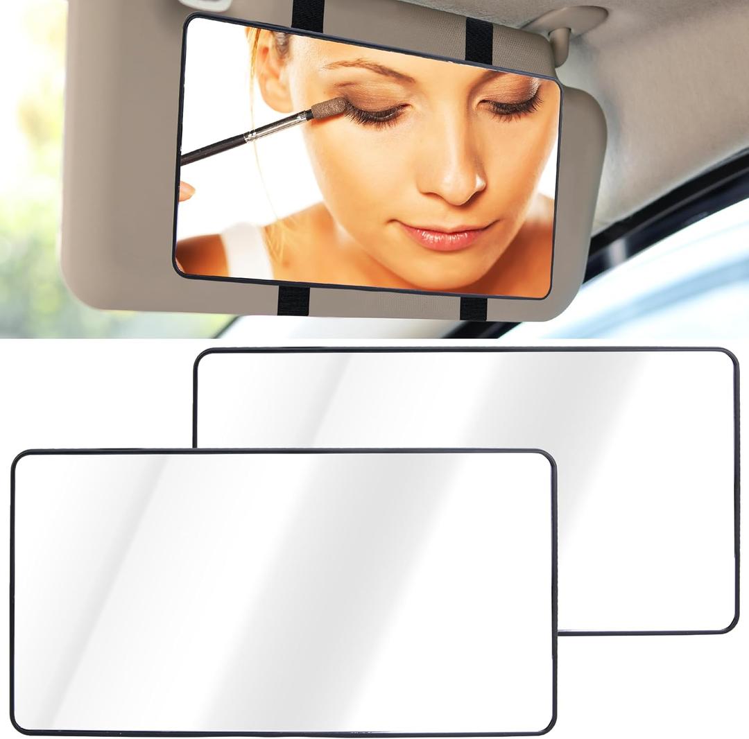 2 PCS Car Sun Visor Mirror, Cosmetic Makeup Mirrors with Straps, HD Car Interior Cosmetic Mirror, Universal Sun Visor Mirrors for Trucks, Cars, SUVs (Black)