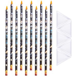 Blulu 10 Pcs Wax Pencil for Rhinestone Nail Point Drill Wax Pen Diamond Art Dotting Pen Self Adhesive Resin Picker Pencil Gem Picker Tool with 5 Pcs Triangular Bead Sorting Plate for Nail DIY Decor