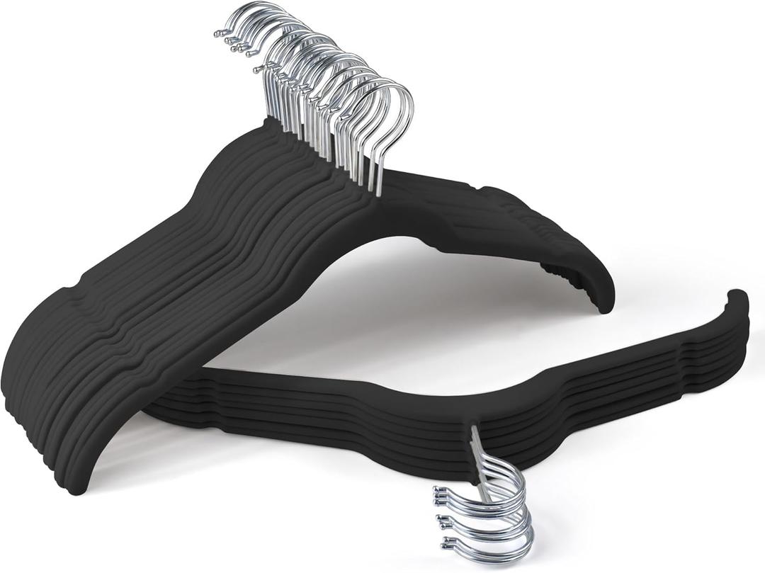 Premium Velvet Hangers 30 Pack - Space-Saving Closet Organizer for Clothes, Non-Slip Flocked Design, Ideal for Shirts and Coats (Black) (360 Swivel hook 30 Pack)