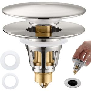 3-in-1 Universal Bathroom Sink Stopper - Brushed Nickel Pop Up Sink Drain Stopper, Brass Bounce Bullet Core Sink Stopper Replacement, Wash Basin Drain Filter Plug with Anti-Clogging Strainer