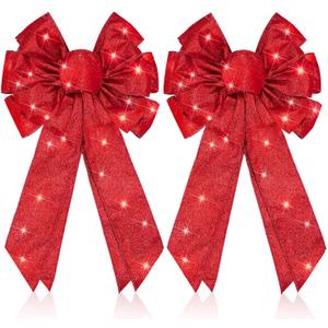 Giegxin 2 Pcs Large Red Lighted Christmas Bows with Lights for Wreath and Tree Topper, 18x F10 Inch Pre Lit Red Wreath Bow Light up for Christmas Decorations for Front Door Windows Outdoor Indoor