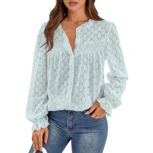 PRETTYGARDEN Women's Lace Long Sleeve Button Down Blouse (Blue), M