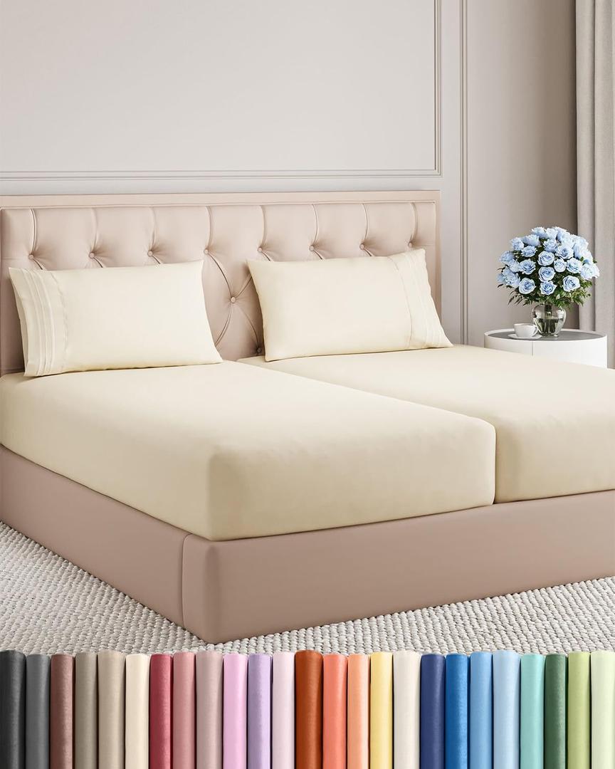 Split King Size 5 Piece Sheet Set - Comfy Breathable & Cooling Bed Sheets Set - Hotel Luxury Bedding for Women, Men, Kids, Teens, Boys & Girls - Deep Pockets, Soft, Wrinkle Free - Oeko-Tex - Off White