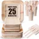 175 Pcs Disposable Bamboo Plates Dinnerware Set Compostable Palm Leaf Plates Utensils Napkins Cups Biodegradable Plate Bamboo Cutlery Party Set for Christmas Party Events for 25 Guests