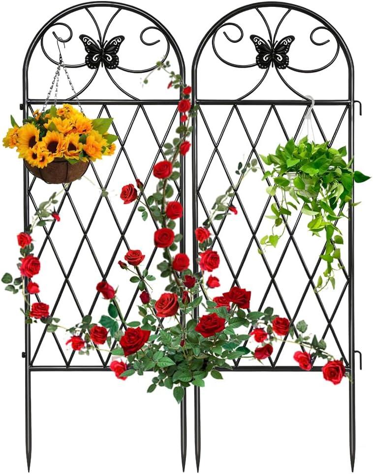 2 Pack Black Garden Trellis for Climbing Plants Outdoor 47” x 16” Climbing Rose Trellis Wrought Iron Trellis Ivy Cucumbers Decorative Metal Flat Trellis