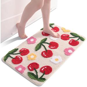 Anybar Beige Bathroom Rugs Cute Cherry Bath Mat Coloful Bathroom Accessories, Funny Flower Rug Non Slip Floor Mat, Machine Washable Bath Rug Soft Microfiber Carpet for Shower, Tub (20x32 inch) (1'8" x 2'8" (Rectangular))