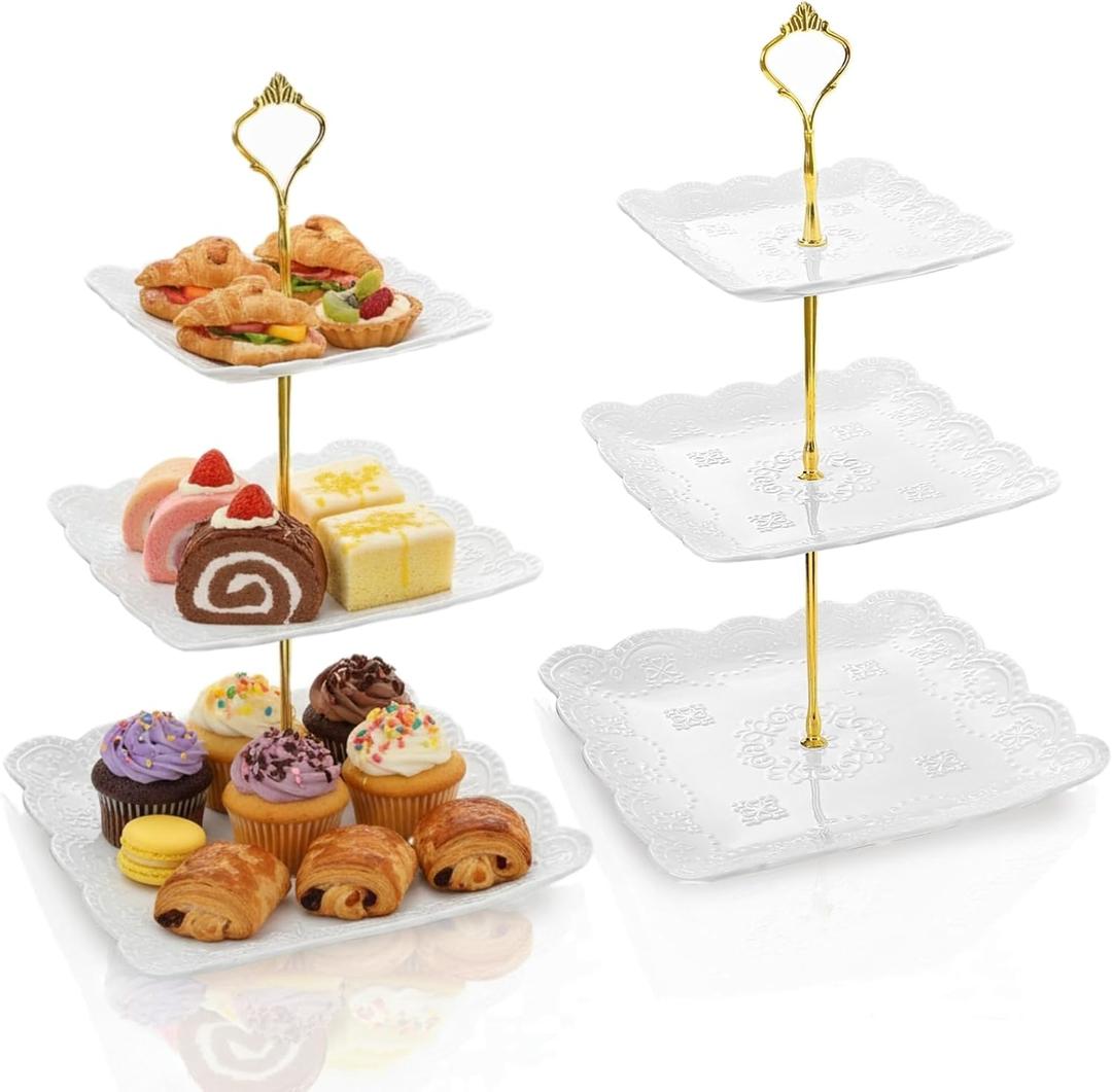 Tebery 2 Pack 3-Tier White Ceramic Embossed Dessert Cake Tower Stand with Gold Carry Handle, Cupcake Stand Serving Trays, Porcelain Party Food Server Display Holder