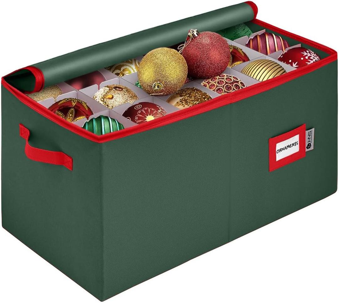 Christmas Ornament Storage Container with Dividers - Box Stores Up to 54 Ornaments, Zippered, Convenient, Adjustable, Large Organizer Bin to Protect Holiday Decor, Fits Most Standard Size, Green