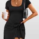 Caracilia Women Summer Short Sleeve Square Neck Bodycon Tie Cinched Waist Romper Mini Dress Athletic Night Out Vacation Dress, Small
